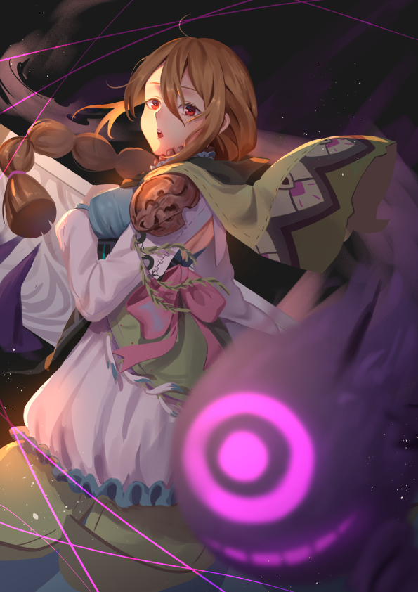 1girl, braid, brown_hair, capelet, dark_background, dress, hair_between_eyes, ka2n_kinkyo