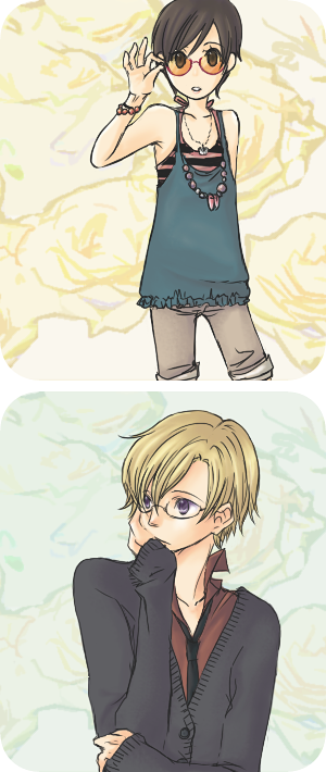 00s, 1boy, 1girl, armor87, bad_id, bad_pixiv_id, bespectacled, blonde_hair