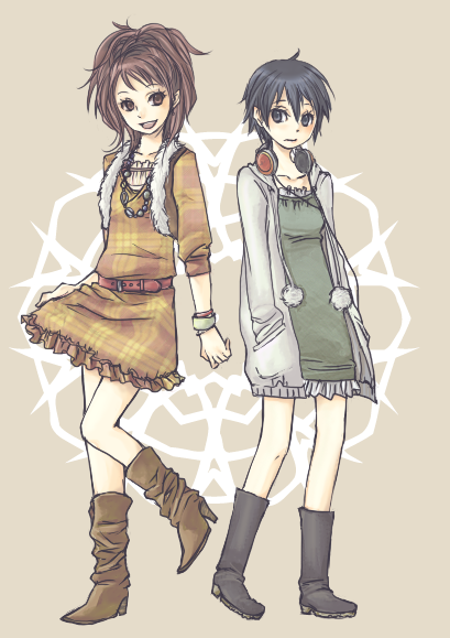 2girls, armor87, atlus, bad_id, bad_pixiv_id, black_hair, blue_eyes, brown_eyes