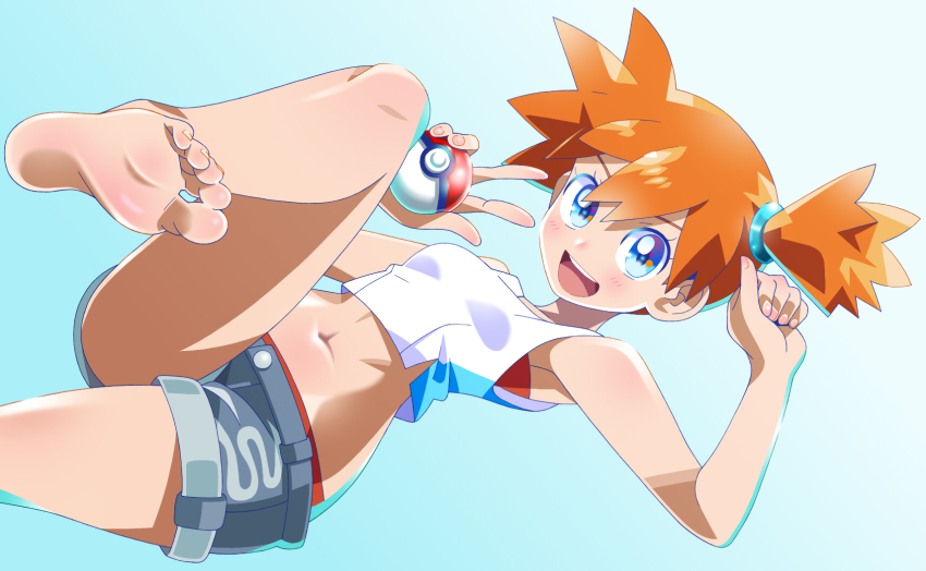 1girl, barefoot, blue_eyes, blush, feet, highres, kuroi_ohagi, leg_up