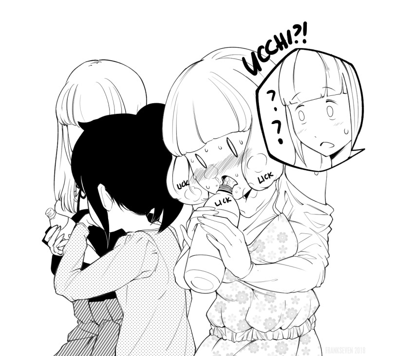 0_0, 4girls, ?, alternate_hairstyle, artist_name, blush, bottle, breath