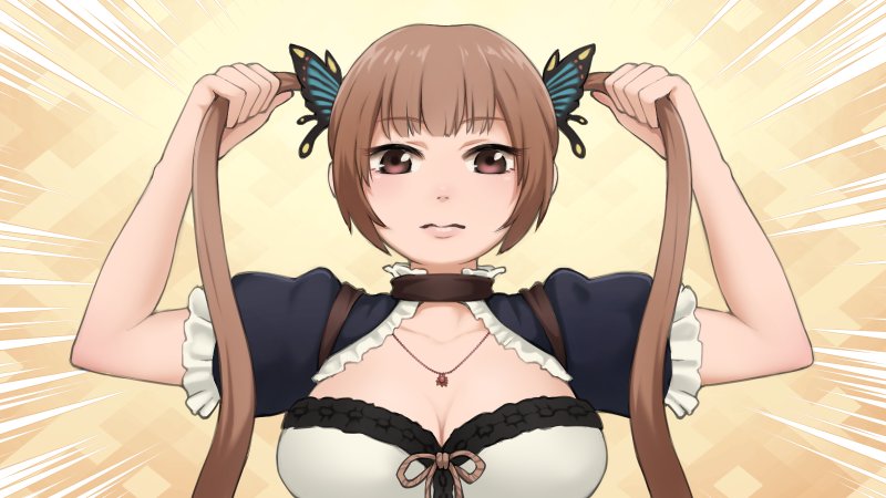 1girl, breasts, brown_eyes, butterfly_hair_ornament, cleavage, closed_mouth, commentary_request, emphasis_lines