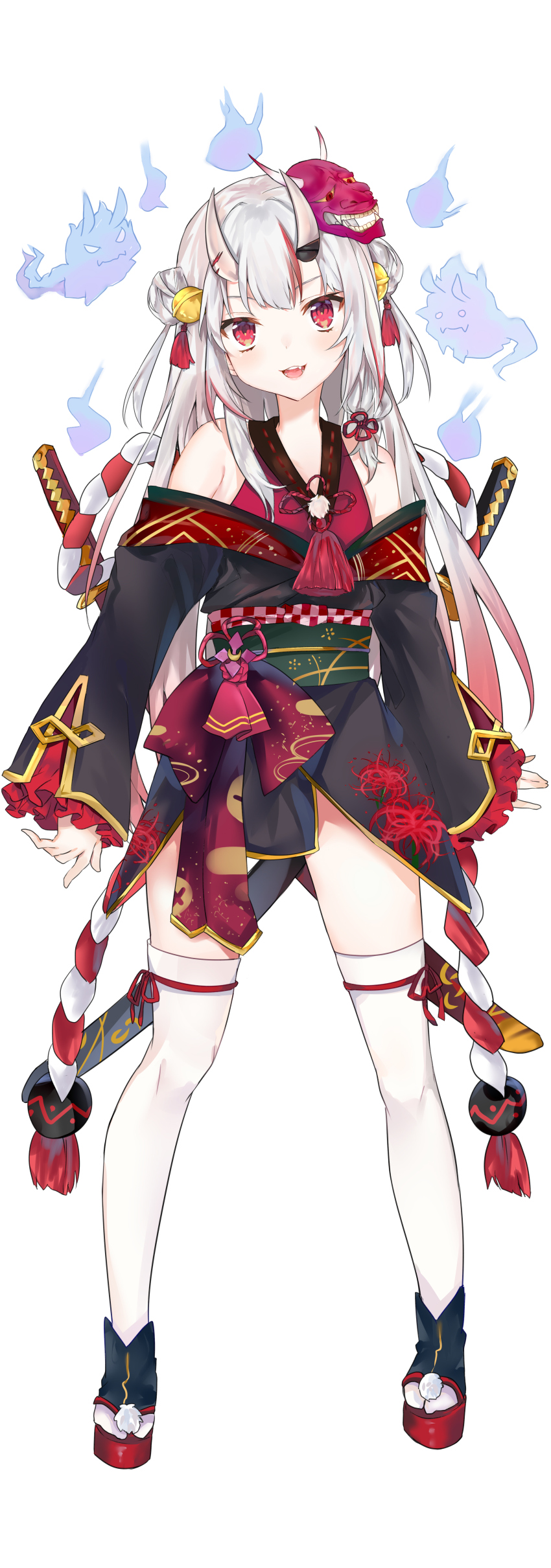 1girl, absurdres, bare_shoulders, bell, black_kimono, blush, female_focus, ghost