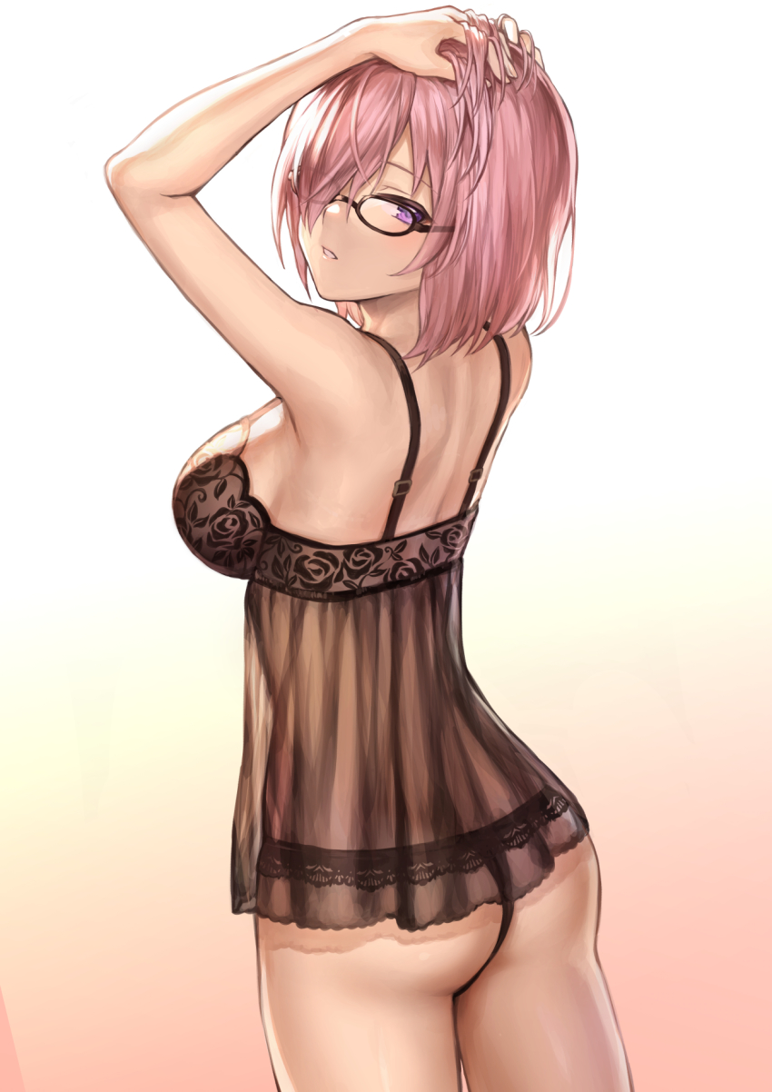 1girl, alternate_costume, ass, babydoll, back, bare_shoulders, black-framed_eyewear, black_panties
