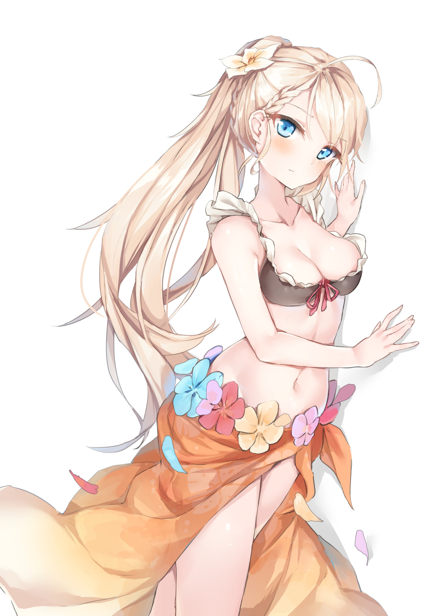 1girl, absurdres, against_wall, ahoge, alternate_hairstyle, bikini, black_bikini, blonde_hair
