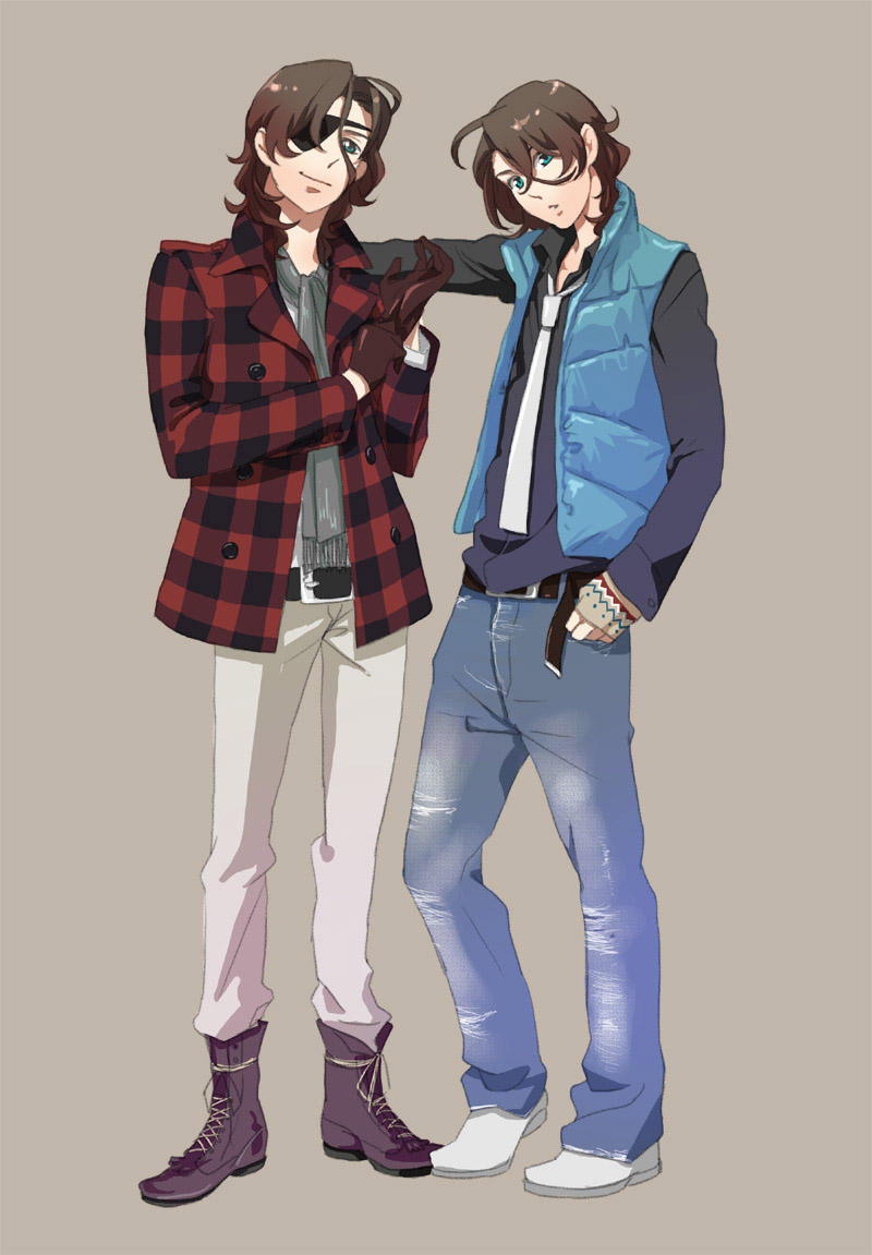 00s, 2boys, bad_id, bad_pixiv_id, baggy_pants, belt, blazer, boots, brothers, brown_hair, dress_shirt, eyepatch, fashion, gloves, green_eyes, gundam, gundam_00, head_tilt, ikasumi, jacket, lockon_stratos, lyle_dylandy, male_focus, multiple_boys, necktie, neil_dylandy, pants, pants_tucked_in, plaid, scarf, shirt, short_hair, siblings, simple_background, square-end_necktie, streetwear, twins, vest
