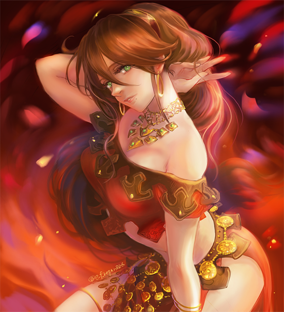 1girl, bare_shoulders, bracelet, breasts, brown_hair, circlet, cleavage, dancer, earrings, female_focus, green_eyes, jewelry, large_breasts, long_hair, looking_at_viewer, navel, necklace, octopath_traveler, octopath_traveler_i, ponytail, primrose_azelhart, regan_(hatsumi), simple_background, smile, solo