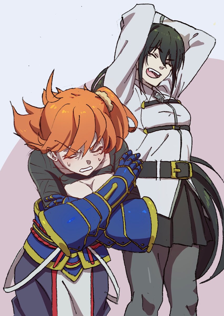 1boy, 1girl, :d, belt, black_hair, black_skirt, blush, breasts