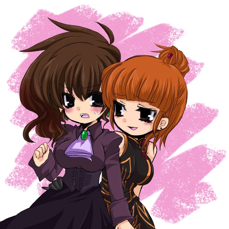 00s, bad_id, bad_pixiv_id, black_eyes, blush, brown_hair, chibi, dress