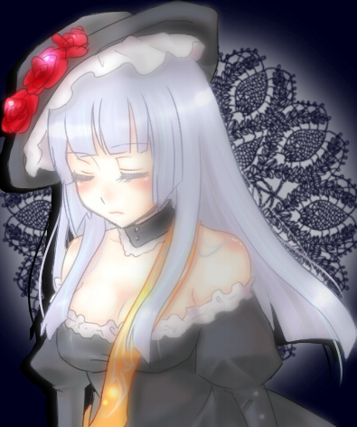00s, 1girl, bad_id, bad_pixiv_id, breasts, choker, closed_eyes, female_focus