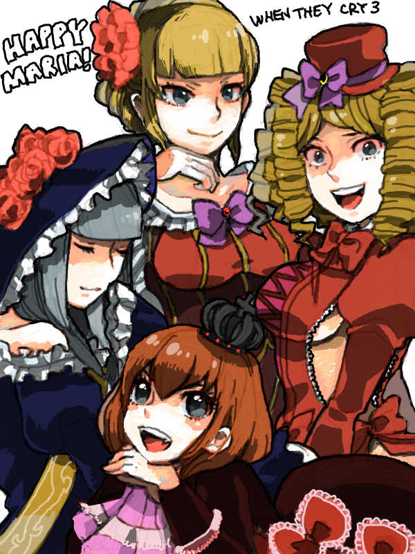 00s, 4girls, bad_id, bad_pixiv_id, beatrice_(umineko), blonde_hair, blue_eyes, bow