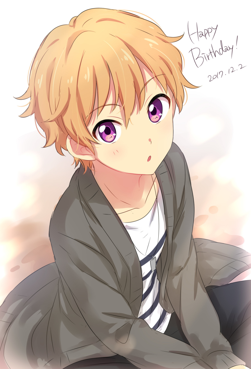 10s, 1boy, :o, aikatsu!_(series), aikatsu_stars!, black_pants, blonde_hair, blush, dated, english_text, from_above, happy_birthday, highres, jacket, kasumi_asahi, long_sleeves, looking_at_viewer, looking_up, male_focus, open_clothes, open_jacket, pants, parted_lips, sekina, shirt, sitting, solo, striped_clothes, striped_shirt