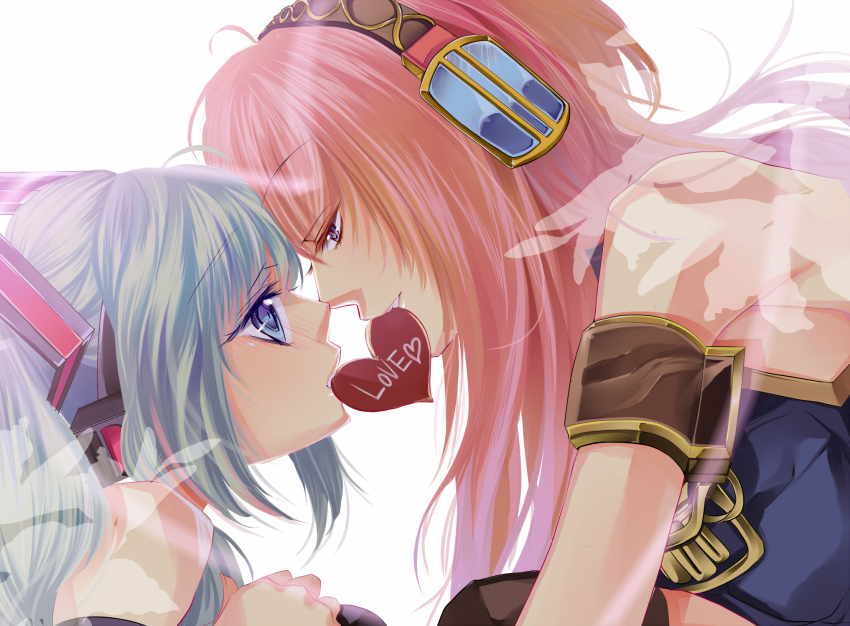 2girls, aqua_hair, bad_id, bad_pixiv_id, bare_shoulders, blue_eyes, blush, eye_contact