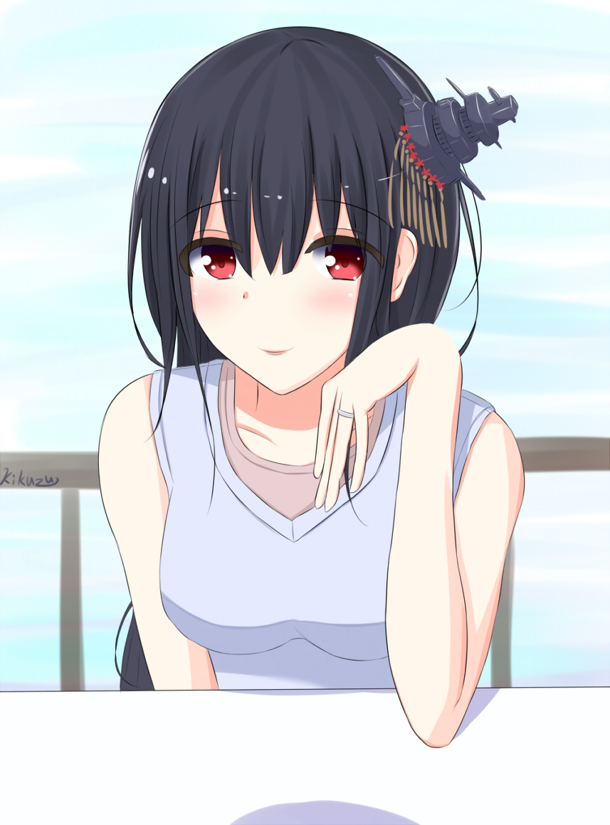 1girl, bare_shoulders, black_hair, blush, breasts, commentary_request, female_focus, fusou_(kancolle)