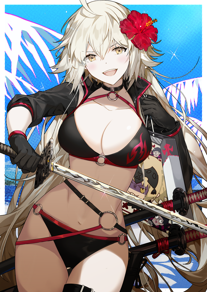 1girl, bikini, black_bikini, black_choker, black_gloves, black_jacket, blonde_hair, breasts