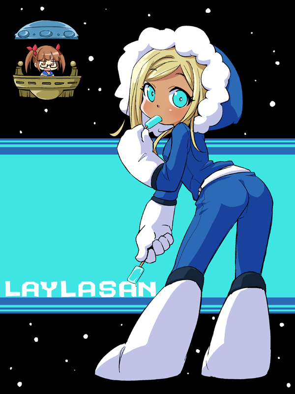 2girls, aqua_eyes, ass, blonde_hair, bow, brown_eyes, brown_hair, character_name, coat, cosplay, crossover, dark-skinned_female, dark_skin, female_focus, food, food_in_mouth, full_body, fur_trim, glasses, gloves, hair_bow, hood, ice_man, ice_man_(cosplay), idolmaster, idolmaster_cinderella_girls, ikebukuro_akiha, layla_(idolmaster), long_hair, looking_at_viewer, mega_man_(classic), mega_man_(series), mega_man_1, multiple_girls, nino_(ninouchi_irazu), open_mouth, popsicle, semi-rimless_eyewear, smile, standing, twintails, under-rim_eyewear