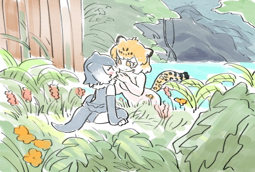 10s, 2girls, animal_ears, blonde_hair, blush, day, eye_contact, grey_hair