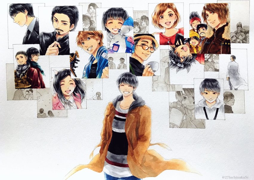 akaba_(kamen_rider_build), aoba_(kamen_rider_build), banjou_ryuuga, beard, clenched_hand, cup, disposable_coffee_cup, disposable_cup, everyone, facial_hair, fedora, formal_clothes, glasses, grin, hands_in_pockets, hat, highres, himuro_gentoku, isurugi_misora, isurugi_souichi, jacket, kamen_rider, kamen_rider_build_(series), katsuragi_shinobu, katsuragi_takumi, kiba_(kamen_rider_build), kiryuu_sento, lab_coat, leather, leather_jacket, long_coat, mustache, ogura_kasumi, painting_(medium), ruchi_(nxje5533), satou_tarou_(kamen_rider), sawatari_kazumi, scarf, smile, stuffed_animal, stuffed_toy, suit, takigawa_sawa, traditional_media, twitter_username, utsumi_nariaki, washio_fuu, washio_rai, watercolor_(medium)