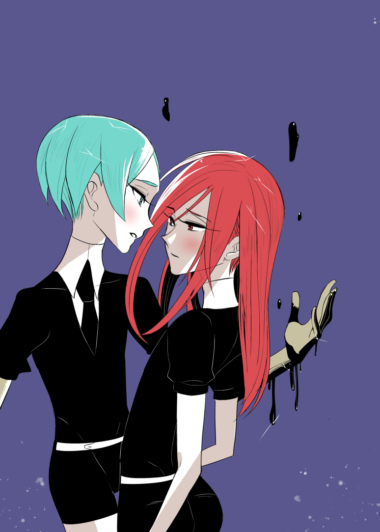 2others, androgynous, aqua_eyes, aqua_hair, ayahashi_(yaimu333), blue_background, blush, gem_uniform_(houseki_no_kuni)
