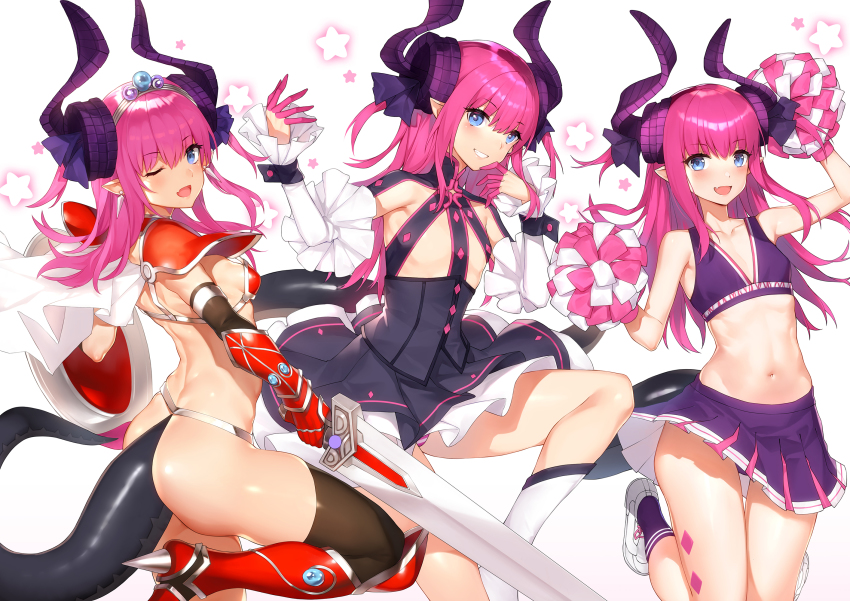 1girl, blue_eyes, blush, cheerleader, detached_sleeves, dragon_girl, dragon_horns, dragon_tail