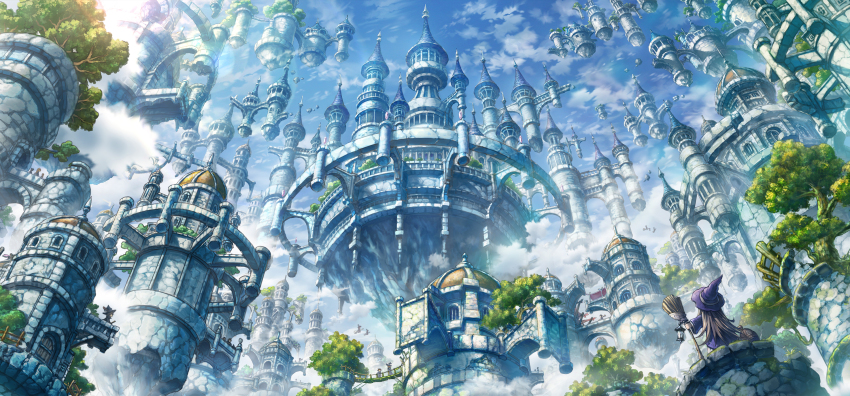 1girl, architecture, blue_sky, bridge, broom, building, city, cloud