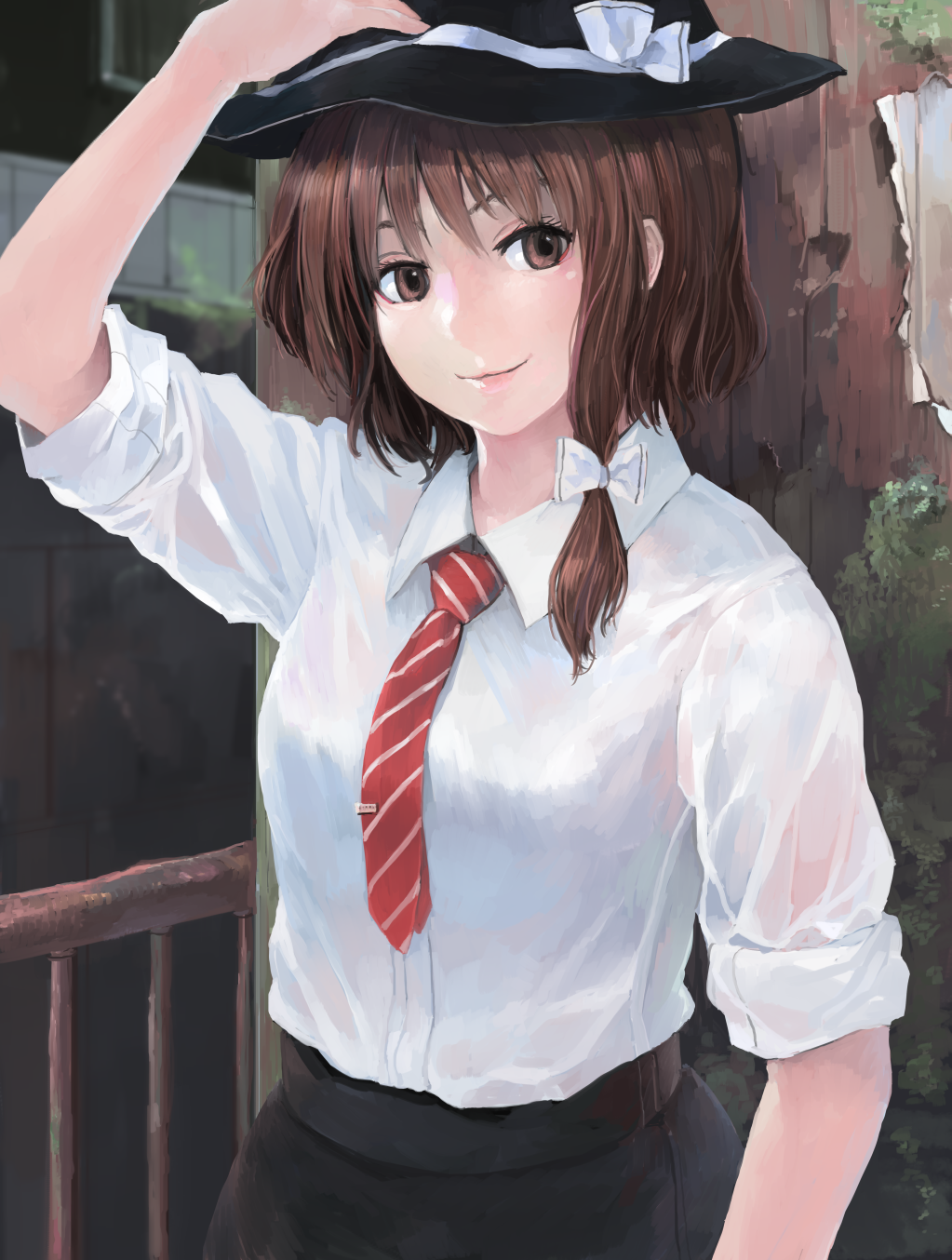 1girl, black_skirt, blouse, brown_eyes, brown_hair, fedora, female_focus, hair_ribbon