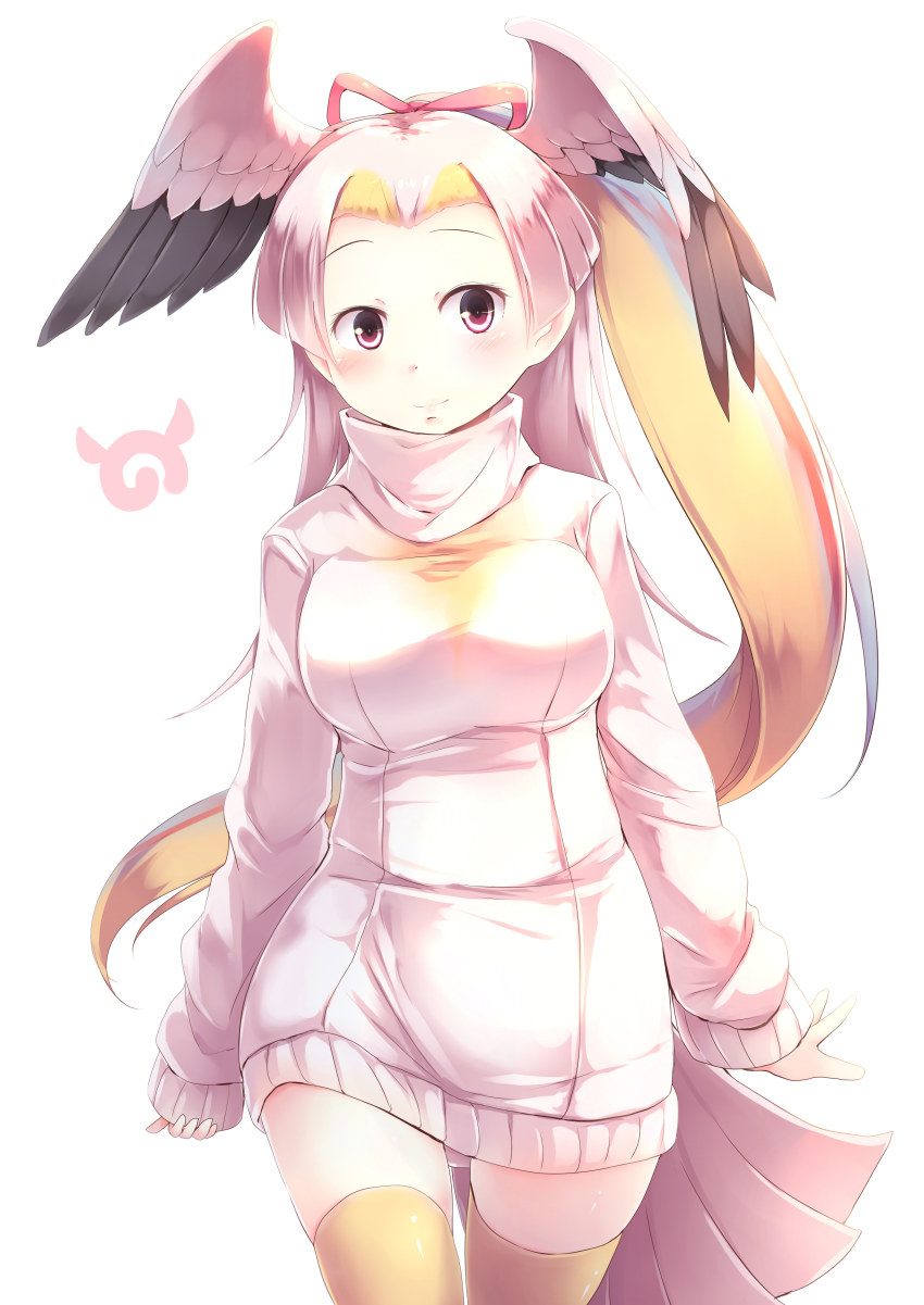10s, 1girl, absurdres, bird_tail, bird_wings, blonde_hair, blush, bow, commentary, cowboy_shot, dress, female_focus, forehead, great_white_pelican_(kemono_friends), hair_bow, hair_intakes, head_wings, highres, kanzakietc, kemono_friends, long_hair, long_sleeves, looking_at_viewer, multicolored_hair, pink_hair, ponytail, red_eyes, red_hair, sleeves_past_wrists, solo, sweater, sweater_dress, tail, thighhighs, turtleneck, turtleneck_sweater, very_long_hair, white_hair, wings, yellow_thighhighs, zettai_ryouiki