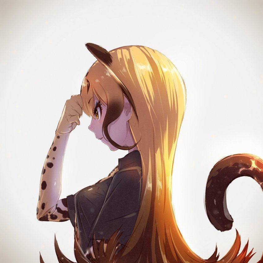 10s, 1girl, animal_print, black_shirt, blonde_hair, brown_hair, collared_shirt, commentary_request