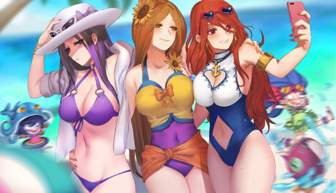 5girls, beach, bikini, breasts, caitlyn_(league_of_legends), cellphone, cleavage, cleavage_cutout