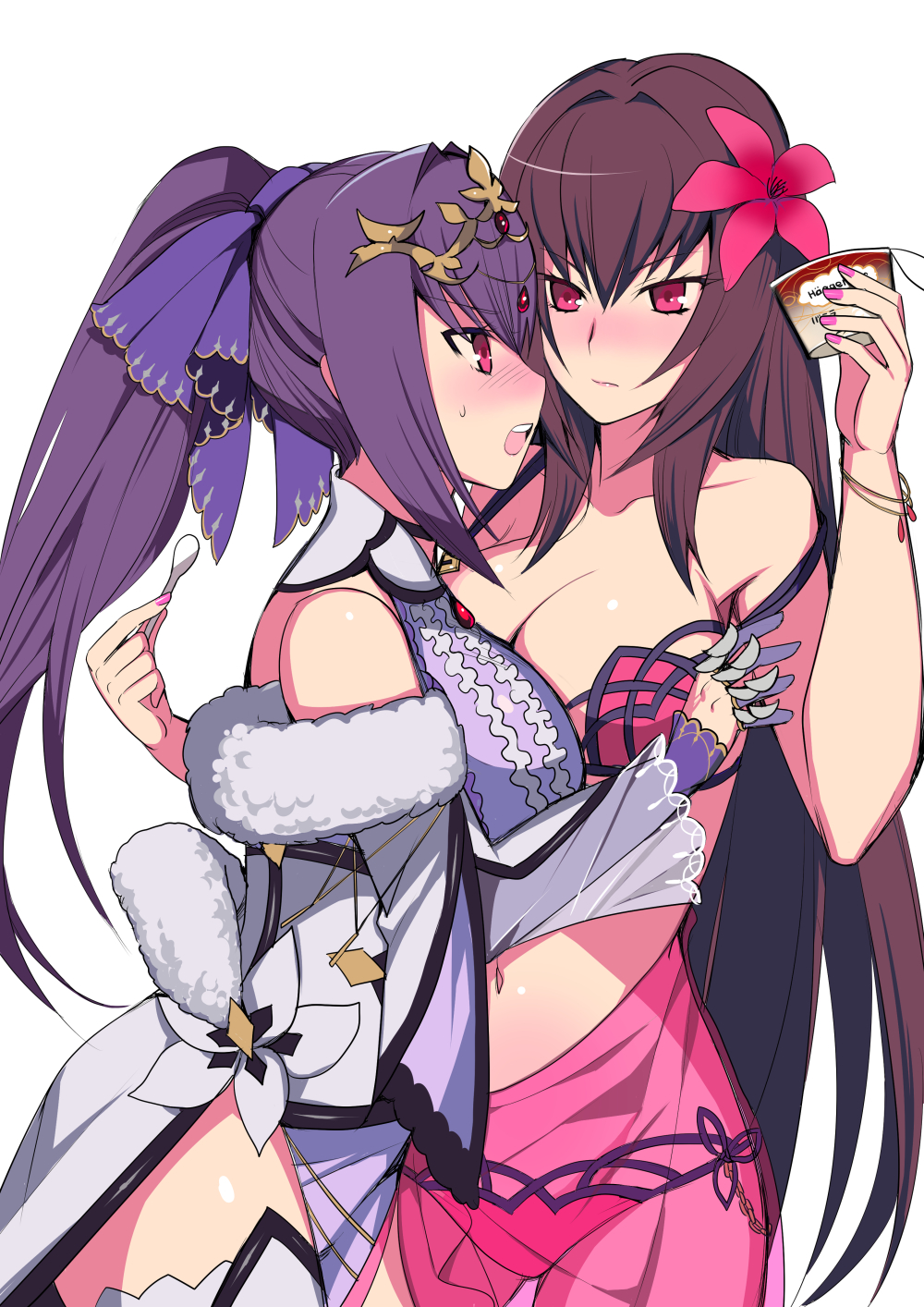 2girls, bikini, blush, bracelet, breasts, cleavage, closed_mouth, commentary_request, cup, disposable_cup, disposable_ice_cream_cup, dress, dual_persona, fate/grand_order, fate_(series), fingernails, flower, fur_trim, hair_flower, hair_ornament, hibiscus, highres, hyakuichi, ice_cream_spoon, jewelry, large_breasts, long_hair, looking_at_another, multiple_girls, nail_polish, navel, open_mouth, pink_bikini, ponytail, purple_bikini, purple_dress, purple_hair, purple_sarong, red_eyes, sarong, scathach_(fate), scathach_(fate/grand_order), scathach_(swimsuit_assassin)_(fate), scathach-skadi_(fate), scathach-skadi_(third_ascension)_(fate), spoon, strap_slip, swimsuit, white_background
