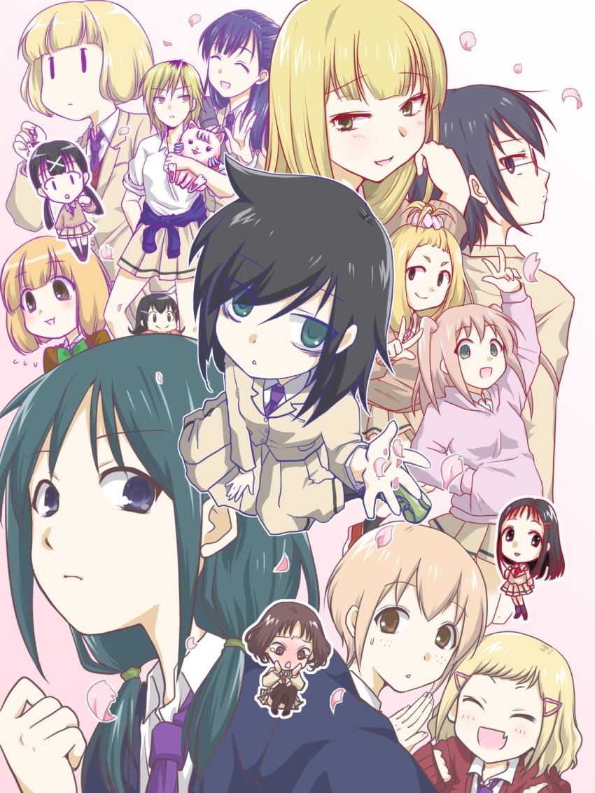 6+girls, :d, ^_^, bad_id, bad_pixiv_id, bags_under_eyes, bangs_pinned_back, black_hair
