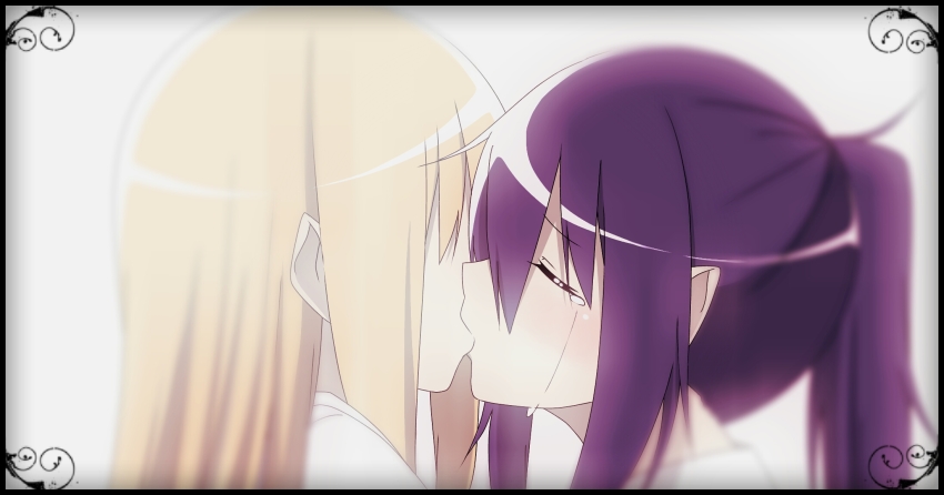 2girls, bad_id, bad_pixiv_id, blonde_hair, blurry, blush, border, closed_eyes, commentary_request, crying, depth_of_field, doma_umaru, hair_over_eyes, highres, himouto!_umaru-chan, kirisaki_seeker, kiss, long_hair, motoba_kirie, multiple_girls, ponytail, purple_hair, shirt, simple_background, streaming_tears, tears, white_background, white_shirt, yuri