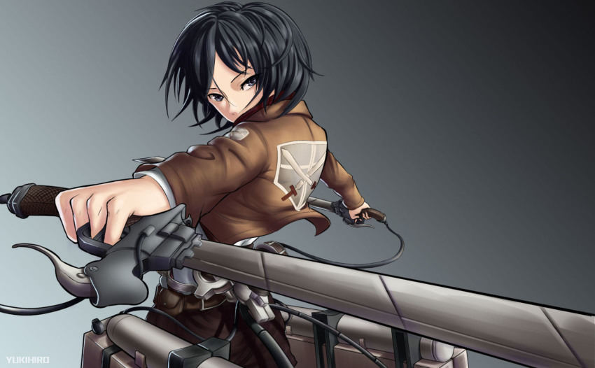 1girl, artist_name, belt_pouch, black_eyes, black_hair, emblem, female_focus, foreshortening