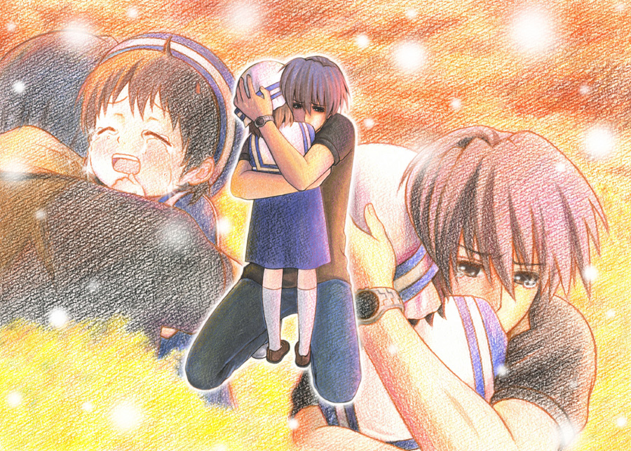 00s, 1boy, 1girl, age_difference, blue_eyes, blue_hair, brown_hair, clannad