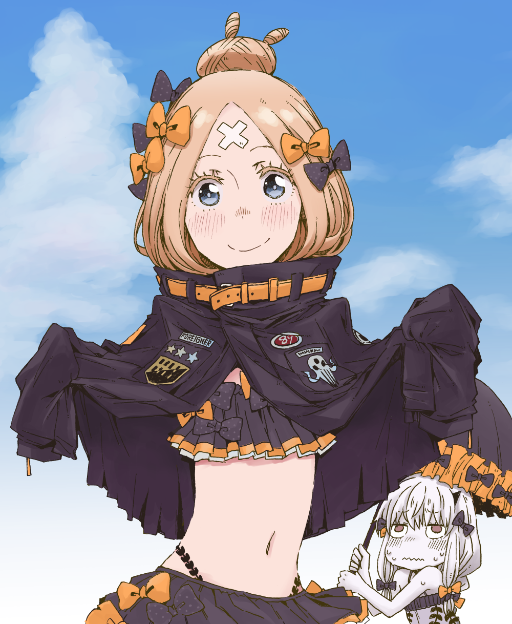 2girls, abigail_williams_(fate), abigail_williams_(traveling_outfit)_(fate), alternate_hairstyle, bandaid, bandaid_on_face, bandaid_on_forehead, bare_shoulders