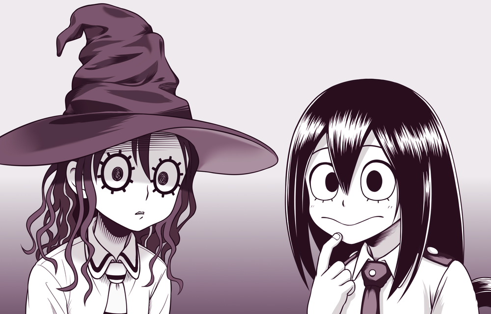 10s, 2girls, akimotsu_(akim_x), asobi_asobase, asui_tsuyu, black_hair, boku_no_hero_academia, crossover, expressionless, finger_to_own_chin, gradient_background, hair_between_eyes, hat, look-alike, looking_at_viewer, multiple_girls, necktie, oka_ruu, school_uniform, shirt, wavy_hair, white_shirt, wide-eyed, witch_hat