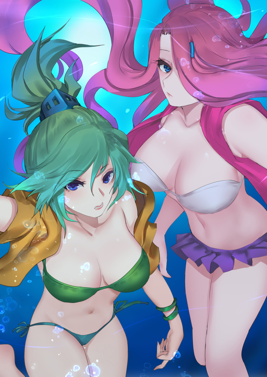 2girls, arcade_miss_fortune, arcade_riven, blue_eyes, breasts, bubble, cleavage, green_hair, hair_ornament, hair_over_one_eye, highres, large_breasts, league_of_legends, looking_at_viewer, miniskirt, miss_fortune_(league_of_legends), multiple_girls, navel, open_clothes, open_mouth, pd_(pdpdlv1), pink_hair, pleated_skirt, riven_(league_of_legends), skirt, underwater, water