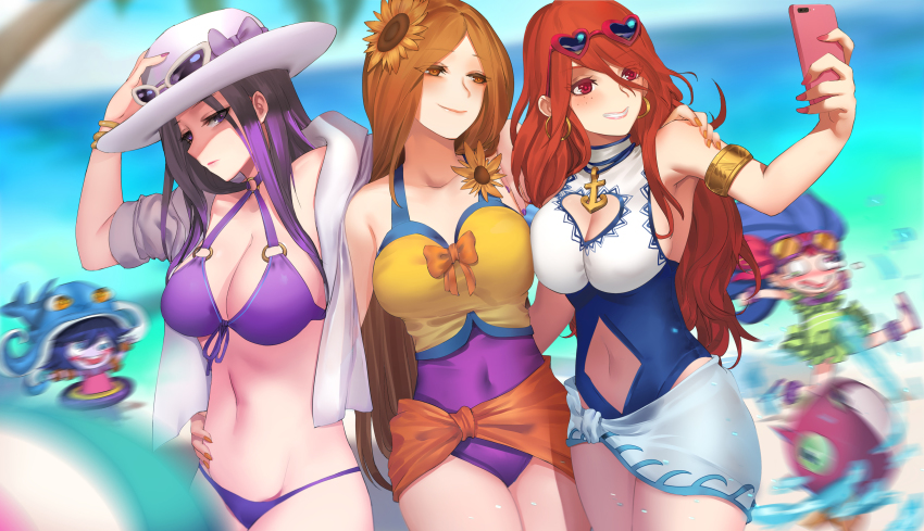 5girls, absurdres, beach, bikini, breasts, brown_eyes, caitlyn_(league_of_legends), cellphone, cleavage, cleavage_cutout, clothing_cutout, day, eyewear_on_head, flower, glasses, hair_flower, hair_ornament, hat, heart-shaped_glasses, heart-shaped_sunglasses, heart_cutout, highres, image_sample, large_breasts, league_of_legends, leona_(league_of_legends), lulu_(league_of_legends), midriff, multiple_girls, nail_polish, navel, navel_cutout, one-piece_swimsuit, orange_hair, palm_tree, pd_(pdpdlv1), phone, pool_party_caitlyn, pool_party_leona, pool_party_lulu, pool_party_miss_fortune, pool_party_zoe, purple_hair, red_eyes, red_hair, miss_fortune_(league_of_legends), sarong, selfie, sunflower, sunflower_hair_ornament, sunglasses, swimsuit, tagme, tree, yordle, zoe_(league_of_legends)