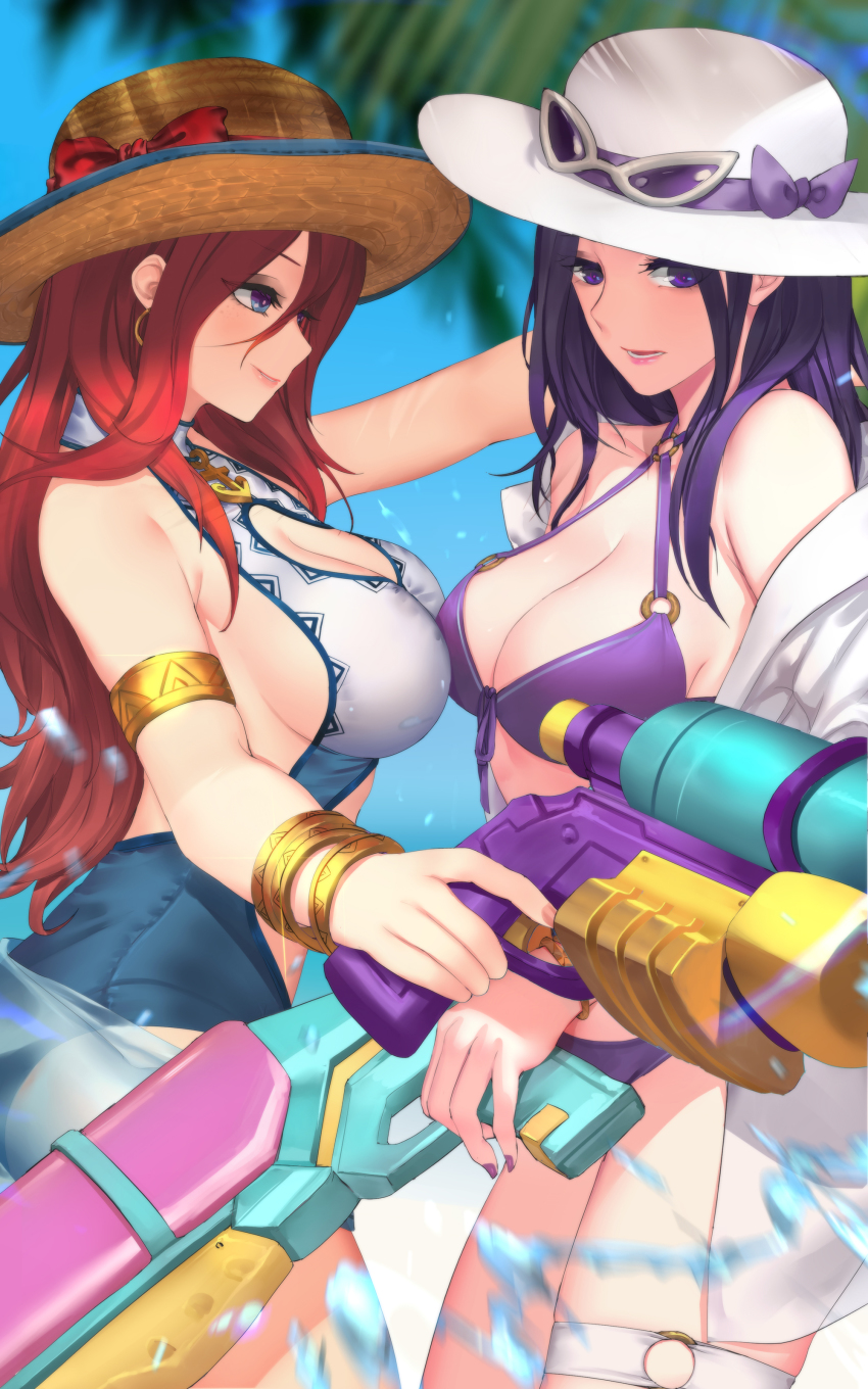 2girls, absurdres, armlet, bikini, blue_eyes, blurry, bow, breasts