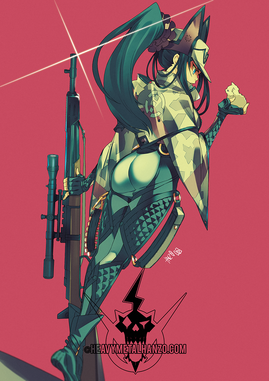 1girl, animal, animal_hat, animal_on_hand, ass, baby_animal, bandolier, belt