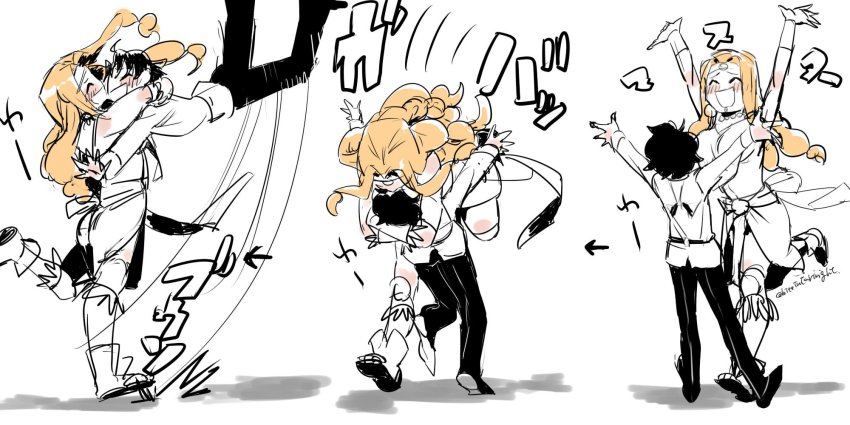 1boy, 1girl, arms_up, arrow_(symbol), black_hair, blonde_hair, blush, braid, chaldea_uniform, fate/grand_order, fate_(series), fujimaru_ritsuka_(male), highres, hug, k_(chissaiossan), long_hair, low-tied_long_hair, quetzalcoatl_(fate), running, sequential, shadow, sketch, smile, spinning