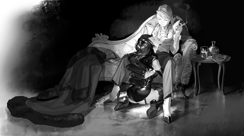 2girls, ass, black_background, black_hair, black_lips, black_nails, boots, bottle, cigarette, closed_eyes, coat, commentary, couch, curly_hair, elbow_gloves, emmmerald, english_commentary, expressionless, fingernails, formal_clothes, full_body, fullmetal_alchemist, glass, gloves, grabbing_another's_chin, gradient_background, grey_background, greyscale, hand_on_another's_chin, head_lift, high_heels, holding, indoors, kneeling, lingerie, lipstick, long_hair, long_sleeves, lust_(fma), makeup, monochrome, multiple_girls, nail_polish, newspaper, pants, profile, reflection, riza_hawkeye, shadow, shirt, short_hair, sitting, smoke, spread_legs, table, thigh_boots, thighhighs, underwear, untied, white_background, white_shirt