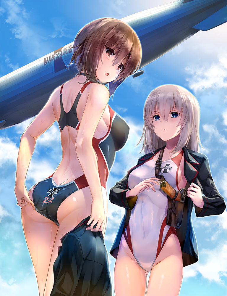 10s, 2girls, adjusting_clothes, adjusting_swimsuit, aircraft, alternate_costume, ass, blue_eyes
