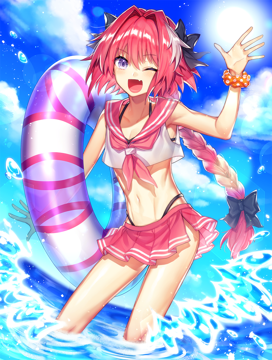 1boy, ;d, astolfo_(fate), astolfo_(sailor_paladin)_(fate), braid, crossdressing, crossdressing_(mtf), day