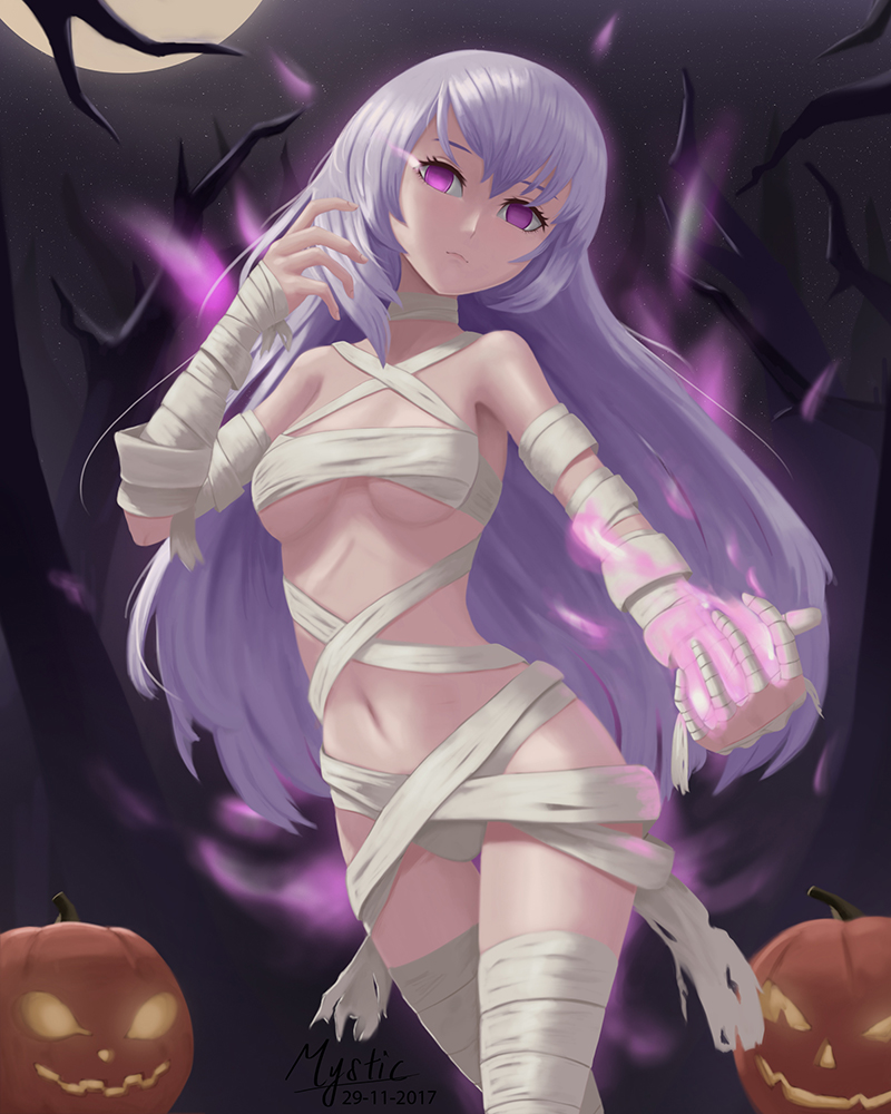 1girl, 2017, artist_name, bandaged_arm, bandaged_leg, bandages, bare_tree, breasts