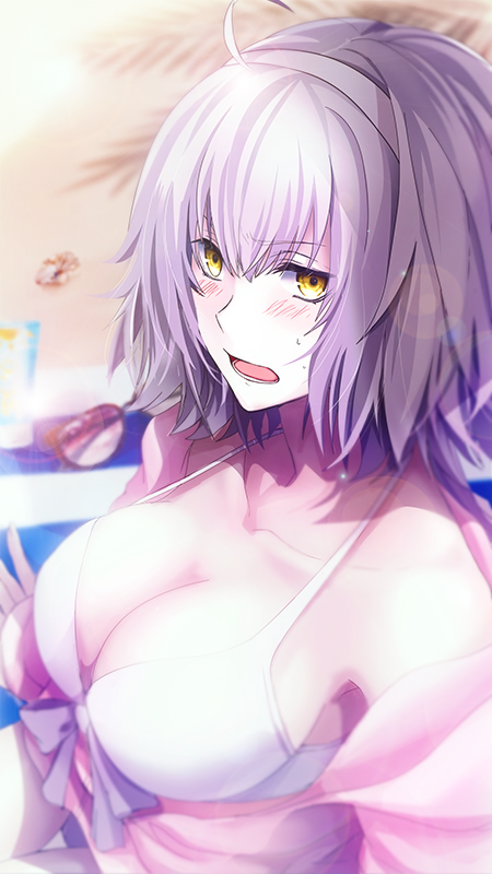 1girl, ahoge, alternate_color, beach, beach_towel, bikini, blush, breasts