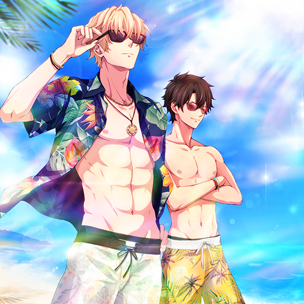 2boys, abs, alternate_costume, beach, black_hair, blonde_hair, closed_eyes, cloud