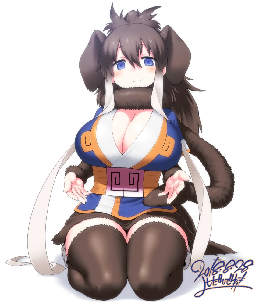 10s, 1girl, alpha_signature, artist_name, blue_eyes, breasts, brown_hair, brown_thighhighs, commentary_request, dated, empty_eyes, eyes_visible_through_hair, fur-trimmed_sleeves, fur_trim, gradient_hair, hair_between_eyes, highres, huge_breasts, kemono_friends, long_hair, mammoth_(kemono_friends), mammoth_ears, multicolored_hair, scarf, seiza, signature, simple_background, sitting, smile, thighhighs, white_background, white_hair, yoshida_hideyuki