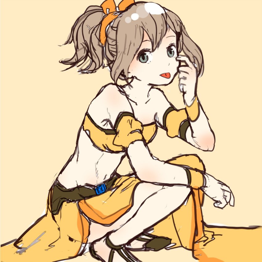 1girl, alternate_costume, bracelet, brown_hair, dancer, dress, female_focus, green_eyes, highres, jewelry, long_hair, looking_at_viewer, navel, necklace, octopath_traveler, octopath_traveler_i, open_mouth, ponytail, rico_ot, simple_background, smile, solo, tongue, tongue_out, tressa_(octopath_traveler)