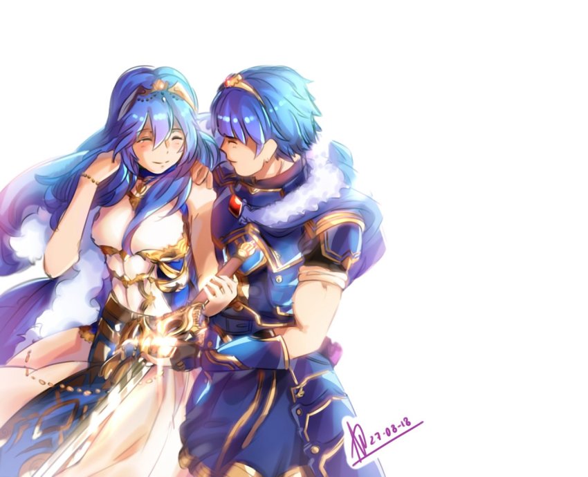 arm_guards, armor, blue_eyes, blue_hair, bride, caeda_(fire_emblem), cape, dated